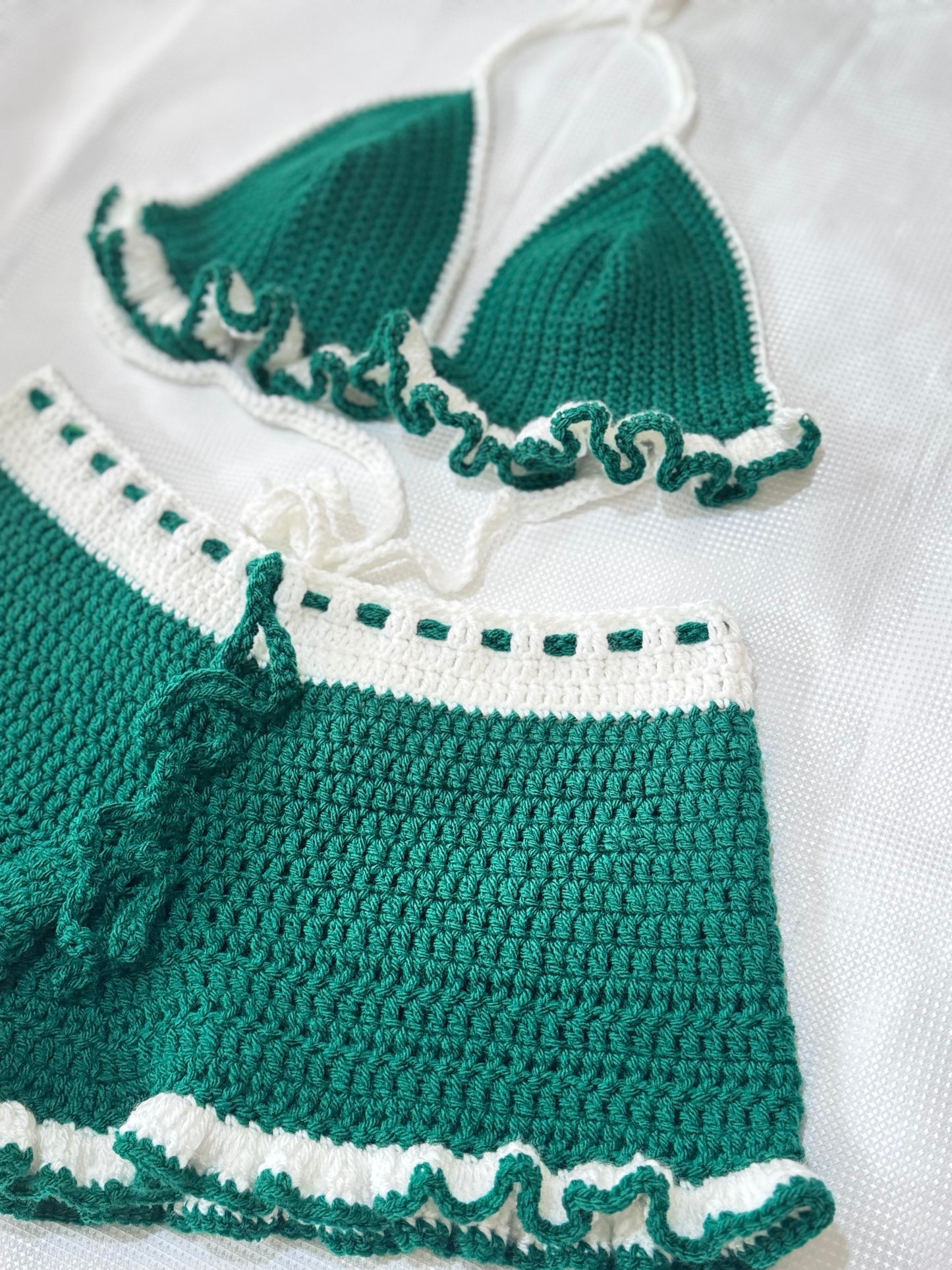 Emerald and White Crochet Ruffle Set – Handmade Bralette and Shorts