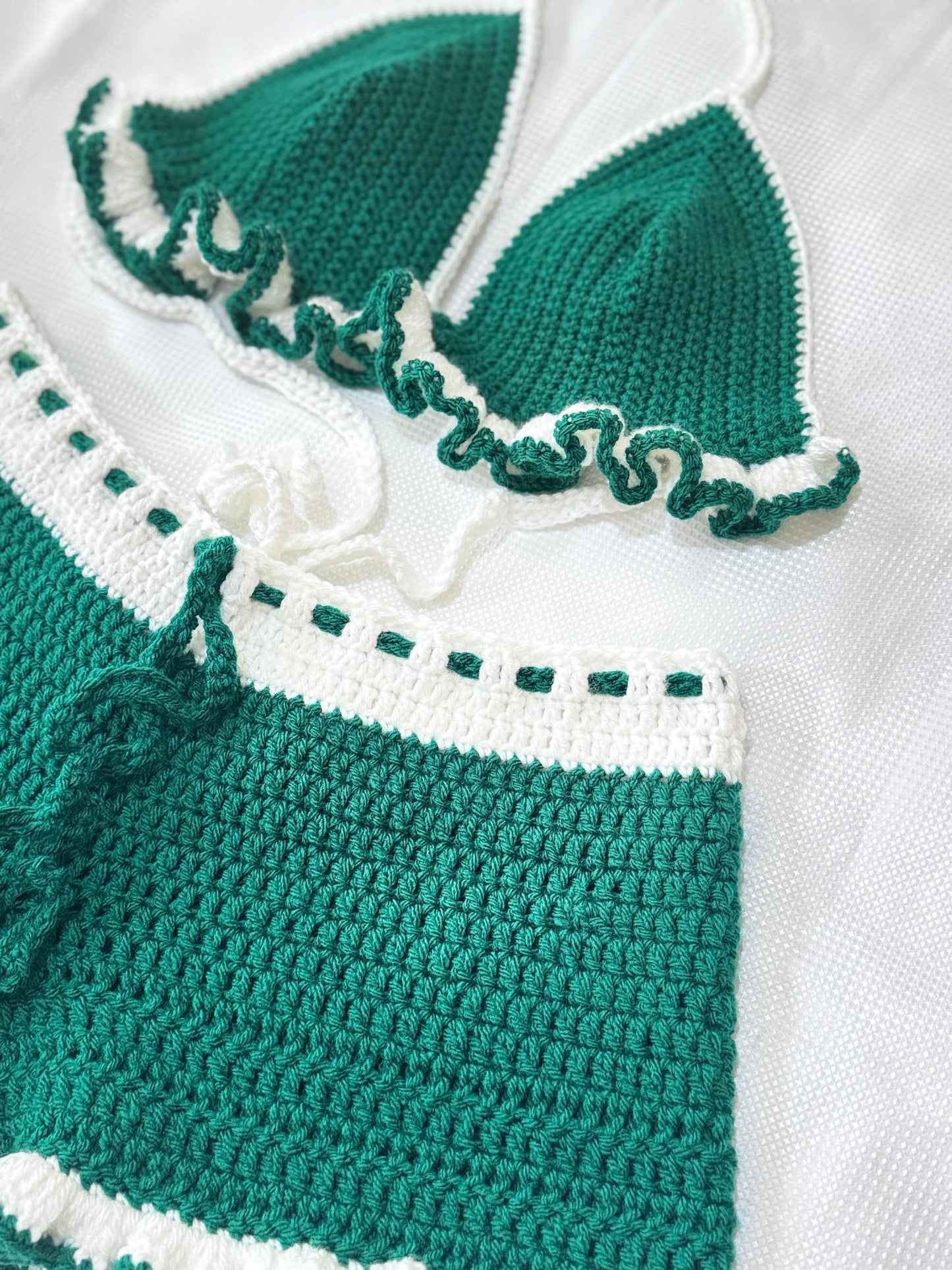 Emerald and White Crochet Ruffle Set – Handmade Bralette and Shorts