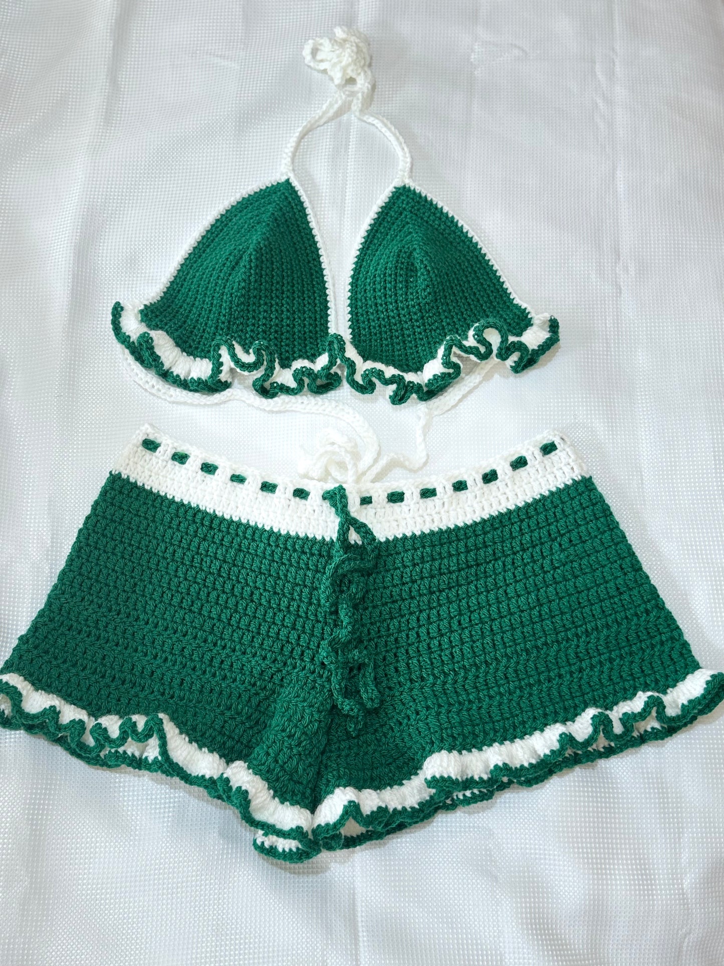 Emerald and White Crochet Ruffle Set – Handmade Bralette and Shorts