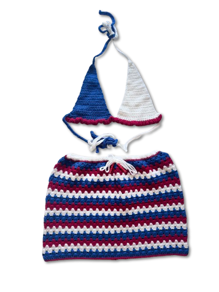 Red, Blue, and White Crochet Skirt Set