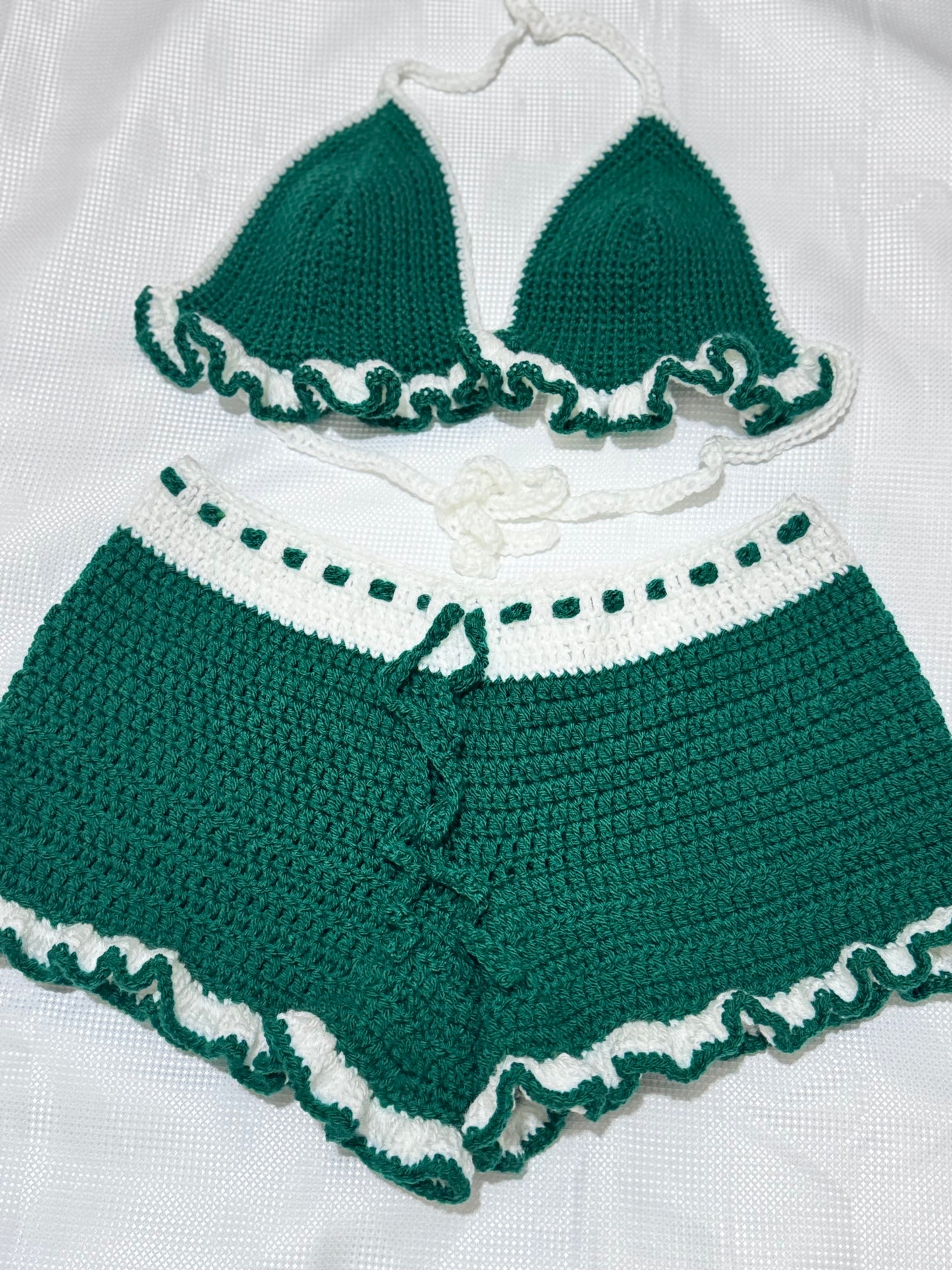 Emerald and White Crochet Ruffle Set – Handmade Bralette and Shorts