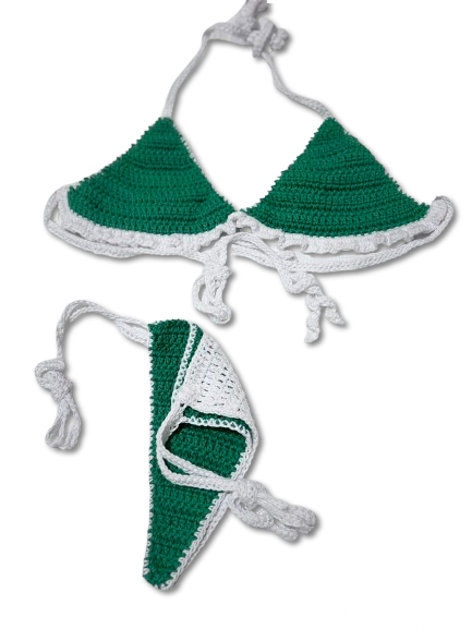 Green, White, Green Crochet Bikini Set