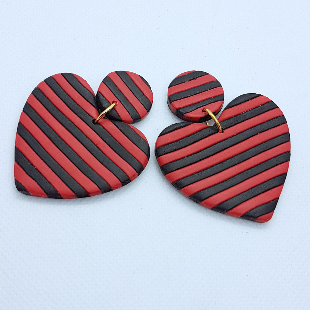 Big Heart Earrings - Black and Red