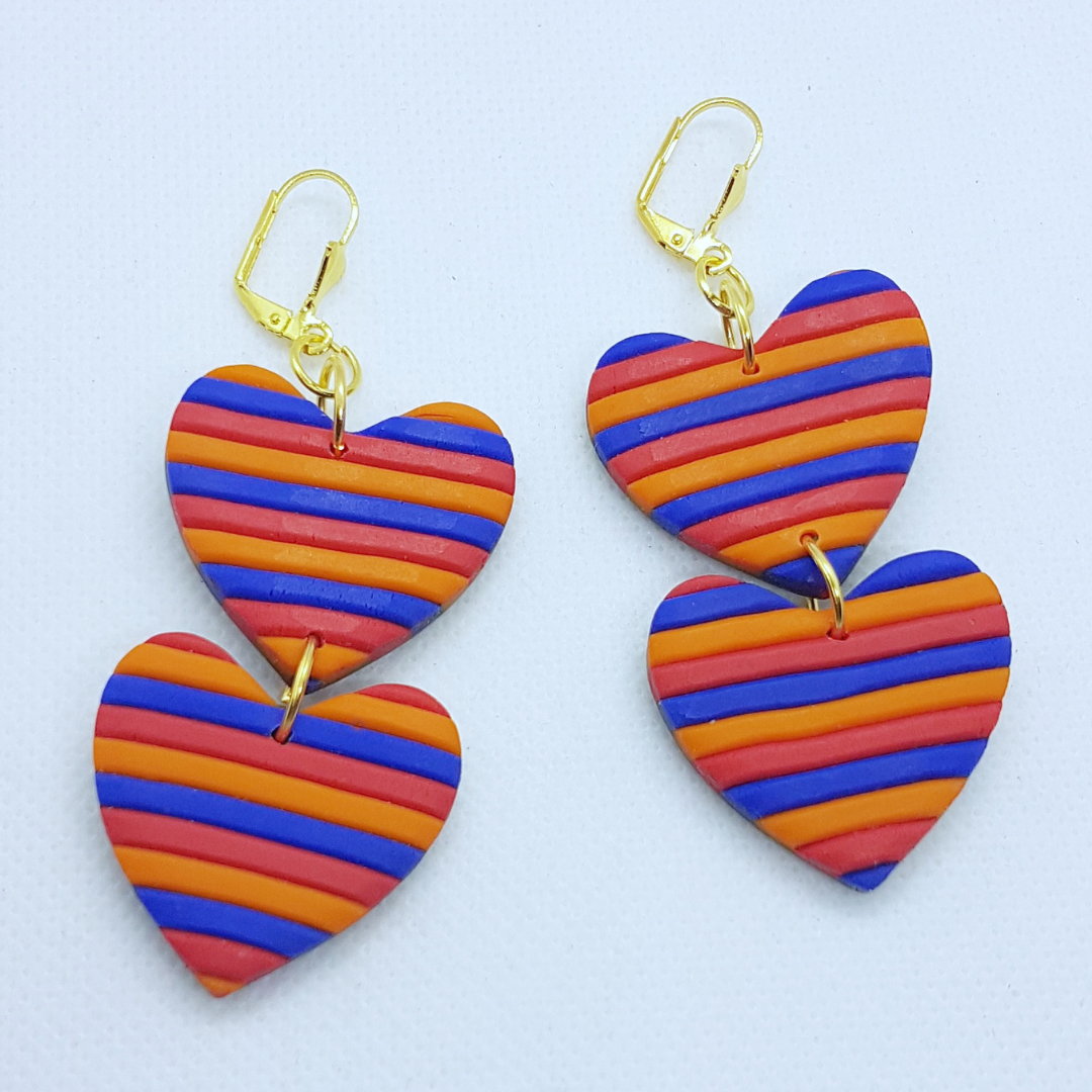 Double Heart - Red, Orange and Blue Striped