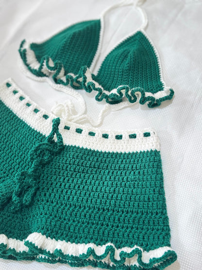 Emerald and White Crochet Ruffle Set – Handmade Bralette and Shorts
