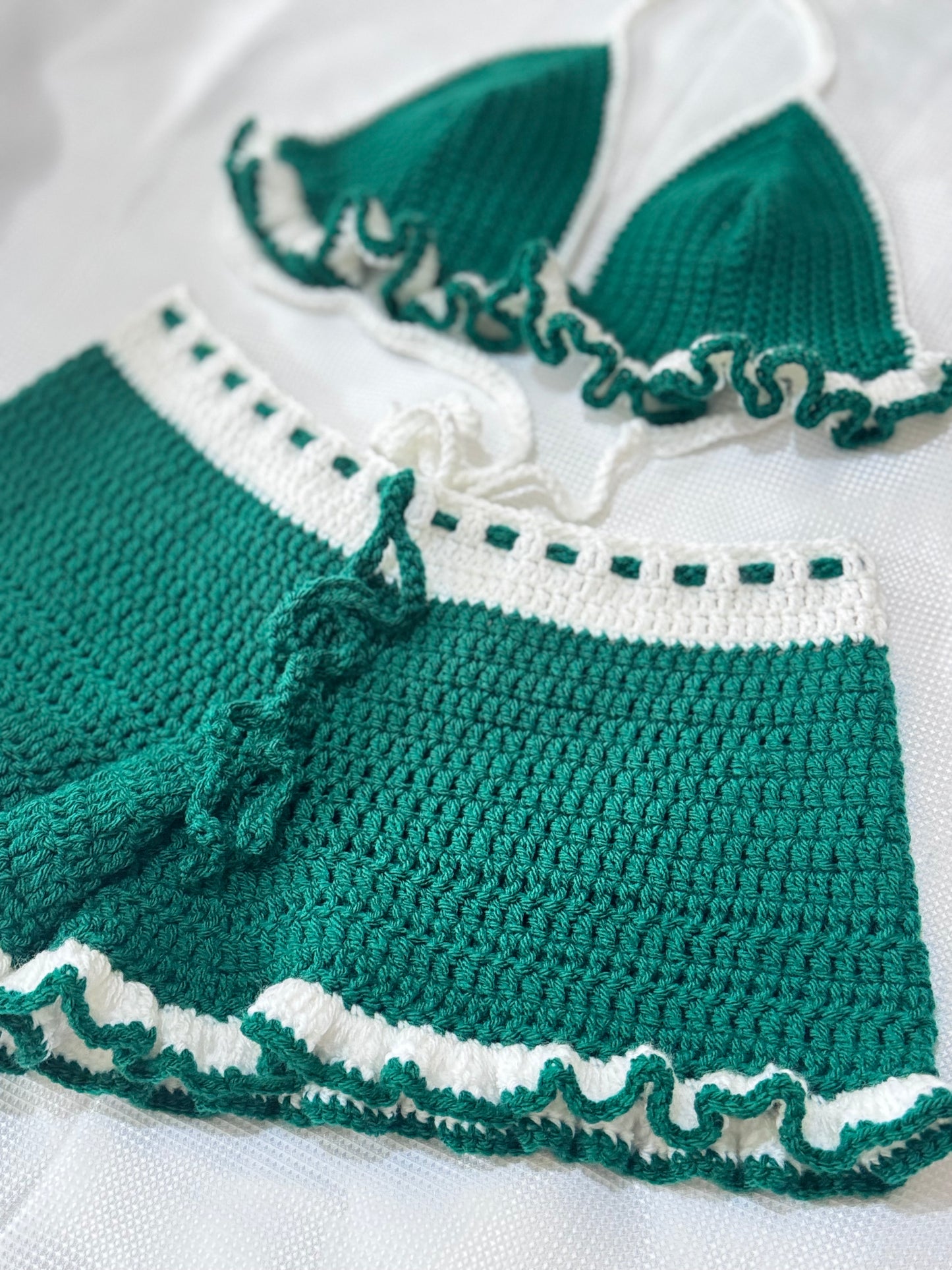Emerald and White Crochet Ruffle Set – Handmade Bralette and Shorts