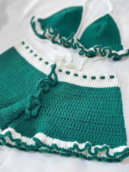 Emerald and White Crochet Ruffle Set – Handmade Bralette and Shorts