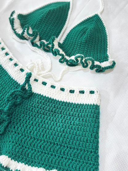 Emerald and White Crochet Ruffle Set – Handmade Bralette and Shorts