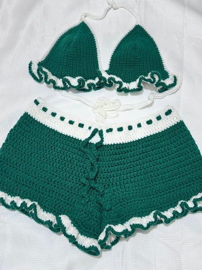 Emerald and White Crochet Ruffle Set – Handmade Bralette and Shorts