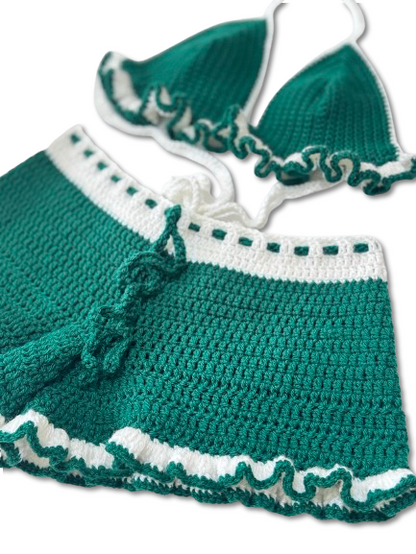 Emerald and White Crochet Ruffle Set – Handmade Bralette and Shorts