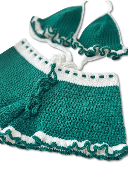 Emerald and White Crochet Ruffle Set – Handmade Bralette and Shorts
