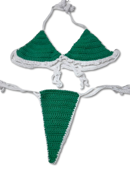 Green, White, Green Crochet Bikini Set