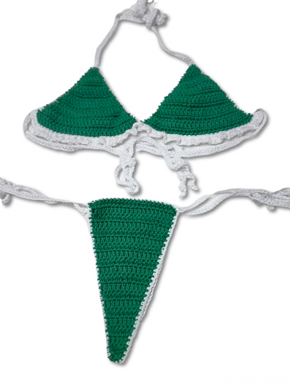 Green, White, Green Crochet Bikini Set